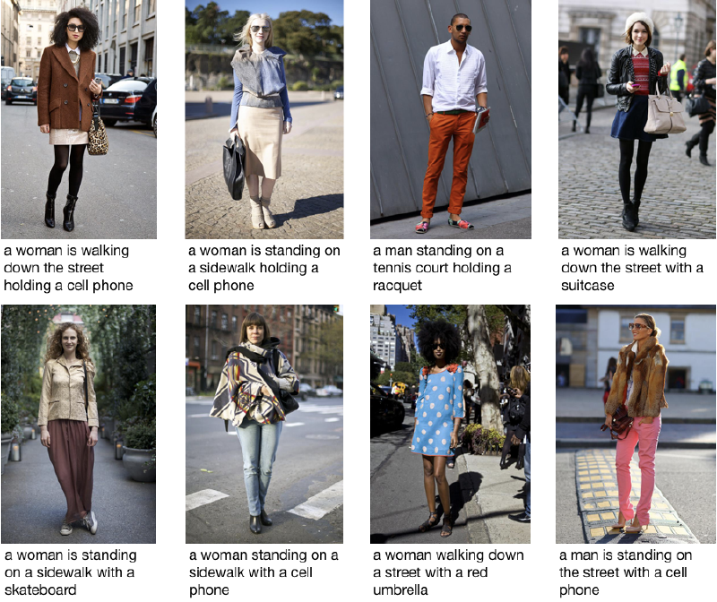 Eight clothing images from the CCP dataset with generated captions that are generic and often incorrect, such as 'holding a cell phone' or 'holding a tennis racquet,' illustrating how general image captioning fails to capture fine-grained clothing details
