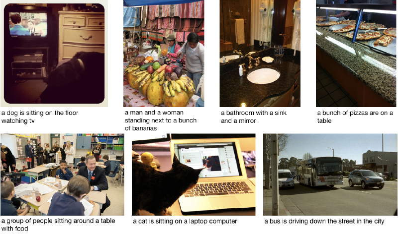 Seven COCO dataset images with generated captions: a cat watching TV captioned as a dog watching TV, a fruit market scene, a bathroom sink, pizzas on a table, people sitting around a table, a cat in front of a laptop, and a bus on a city street