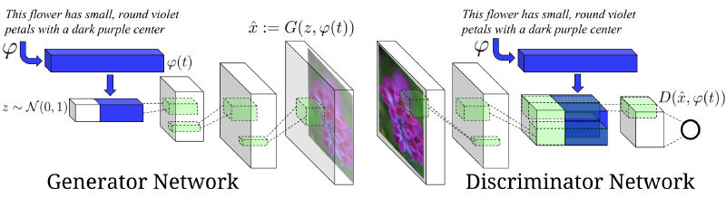 GAN architecture for text-to-image synthesis showing a generator network that takes a text encoding of 'this flower has small, round violet petals with a dark purple center' combined with random noise to produce a flower image, and a discriminator network that evaluates the generated image against the text description