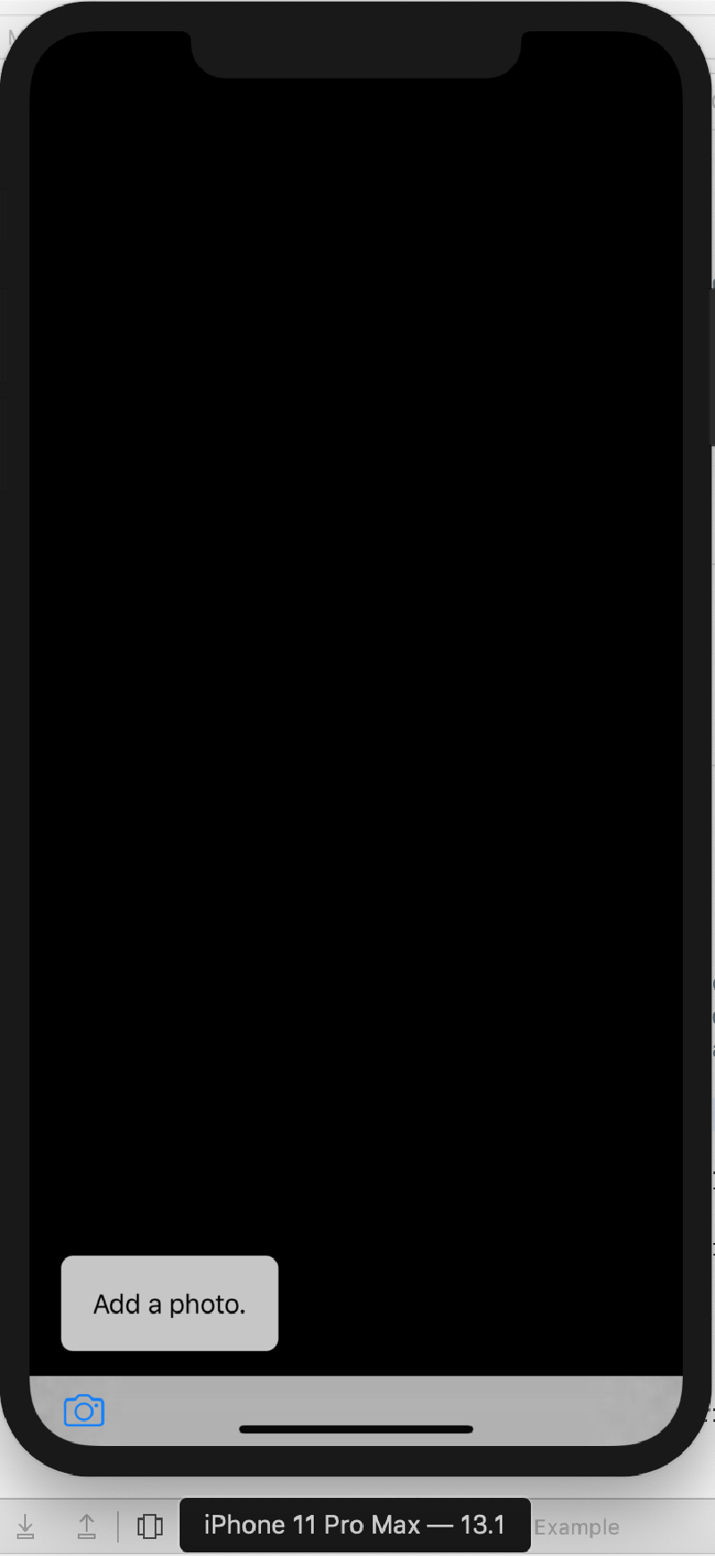 iPhone 11 Pro Max simulator running the Vision+ML Example app with a black screen and an 'Add a photo.' button at the bottom along with a camera icon