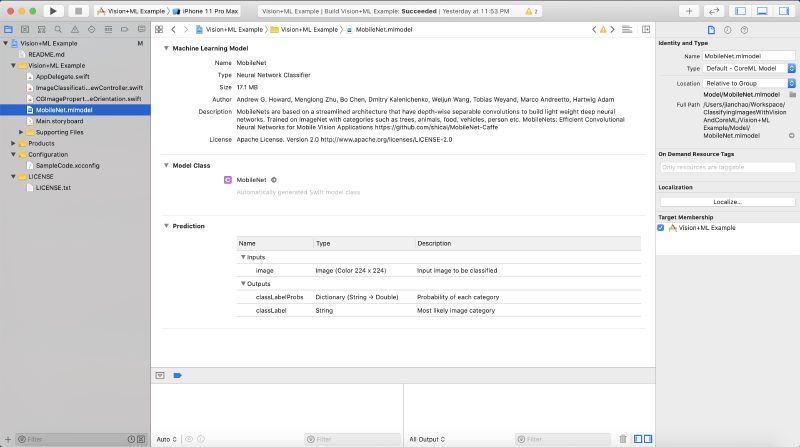 Xcode showing the MobileNet.mlmodel file details, including the Machine Learning Model metadata, the auto-generated MobileNet Swift model class, and the Prediction section listing the input (a 224x224 color image) and outputs (classLabel string and classLabelProbs dictionary)
