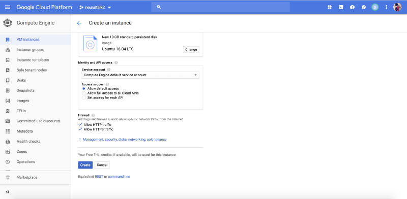 Google Cloud Platform Create an Instance page showing the lower settings: firewall rules with Allow HTTP traffic and Allow HTTPS traffic both checked, and Create button at the bottom